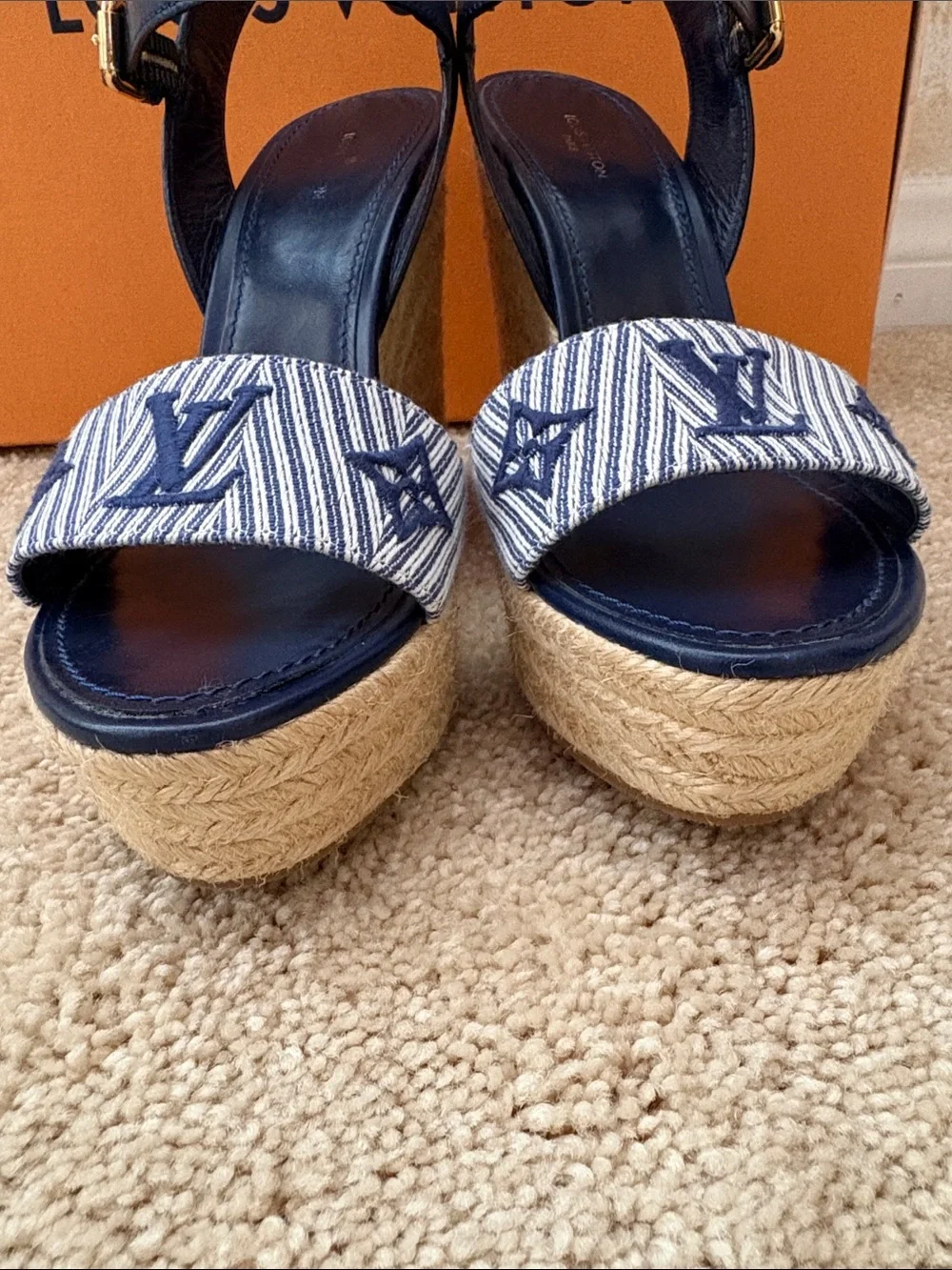 Louis Vuitton Navy Monogram Striped Canvas Espadrille Wedge Sandals - Picture 5 of 8